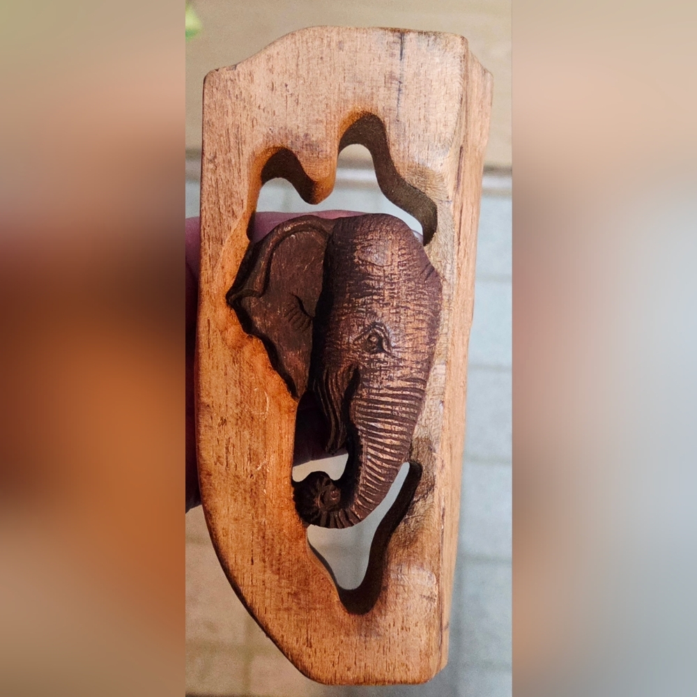 Vintage Hand Carved Teak Wood Elephant Wall Hanging Display 6x2.5x1.5"
